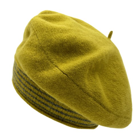 mustard yellow beret with grey stripes
